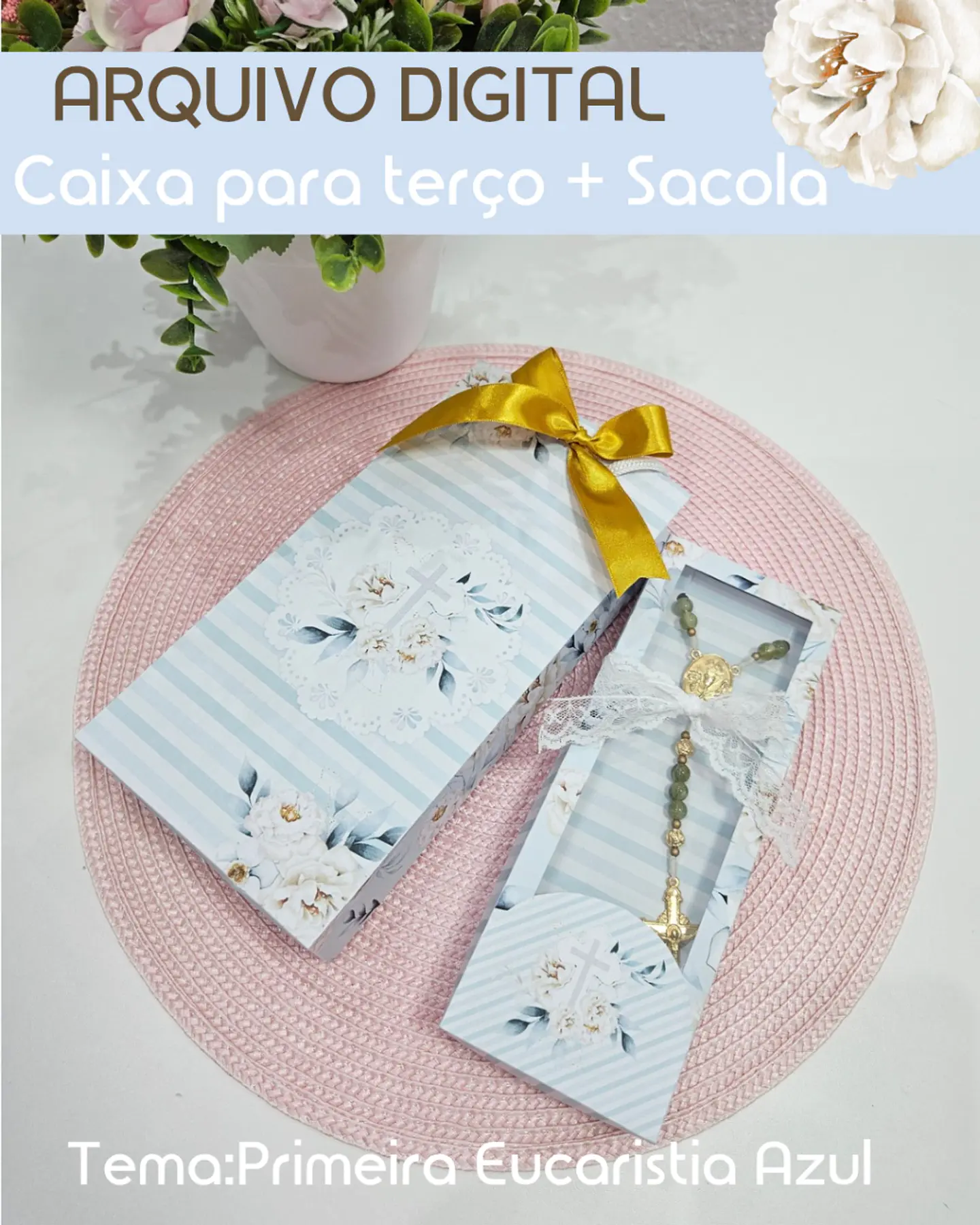 Caixa + Sacola para Terço Eucaristia Azul - Arquivo de Corte 1