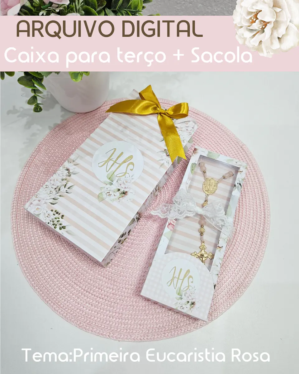 Caixa + Sacola para Terço Eucaristia Rosa - Arquivo de Corte 1