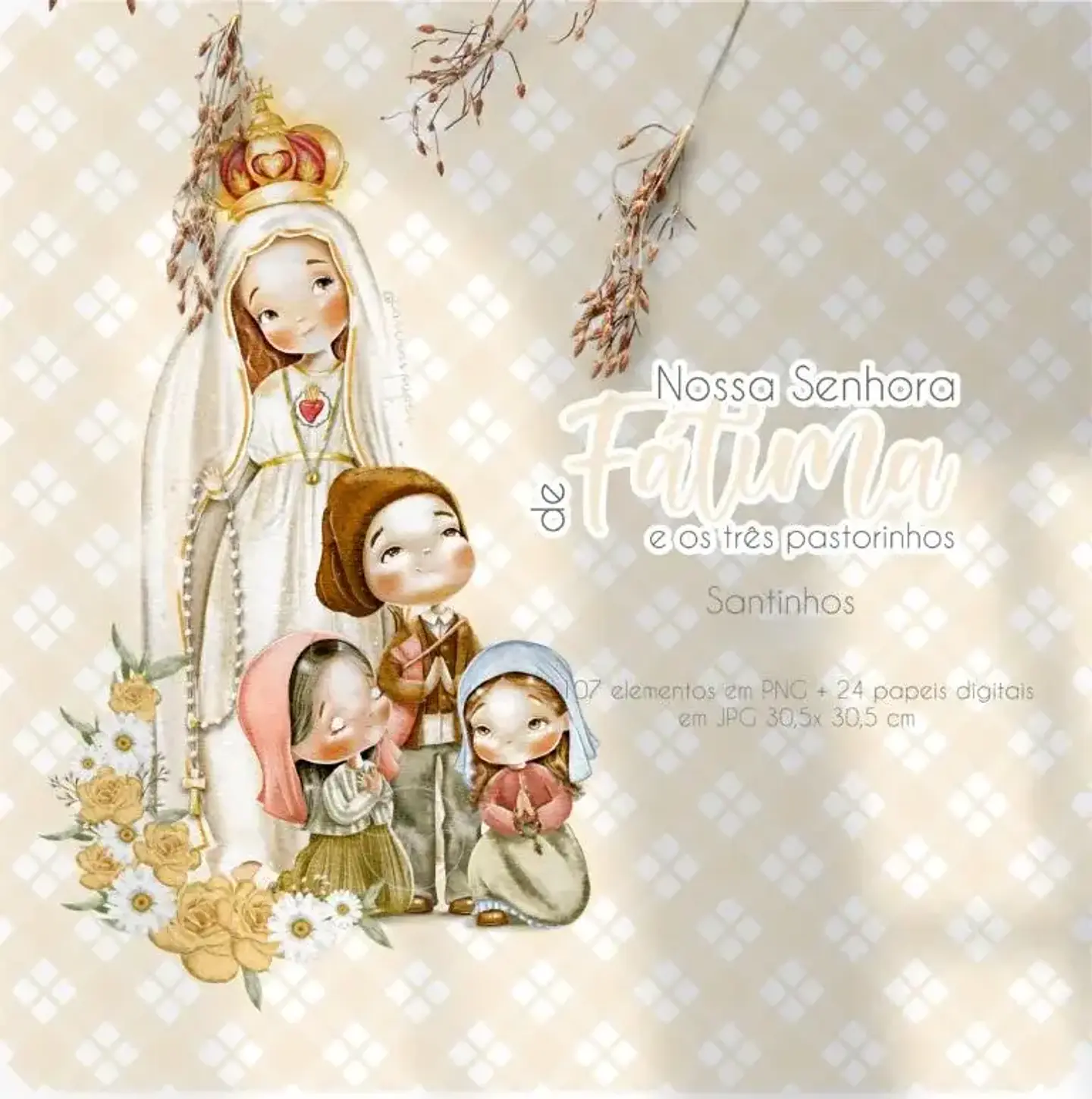 Nossa Senhora de Fátima e o três pastorinhos Versão 2 (Santinhos) - Kit Digital  1
