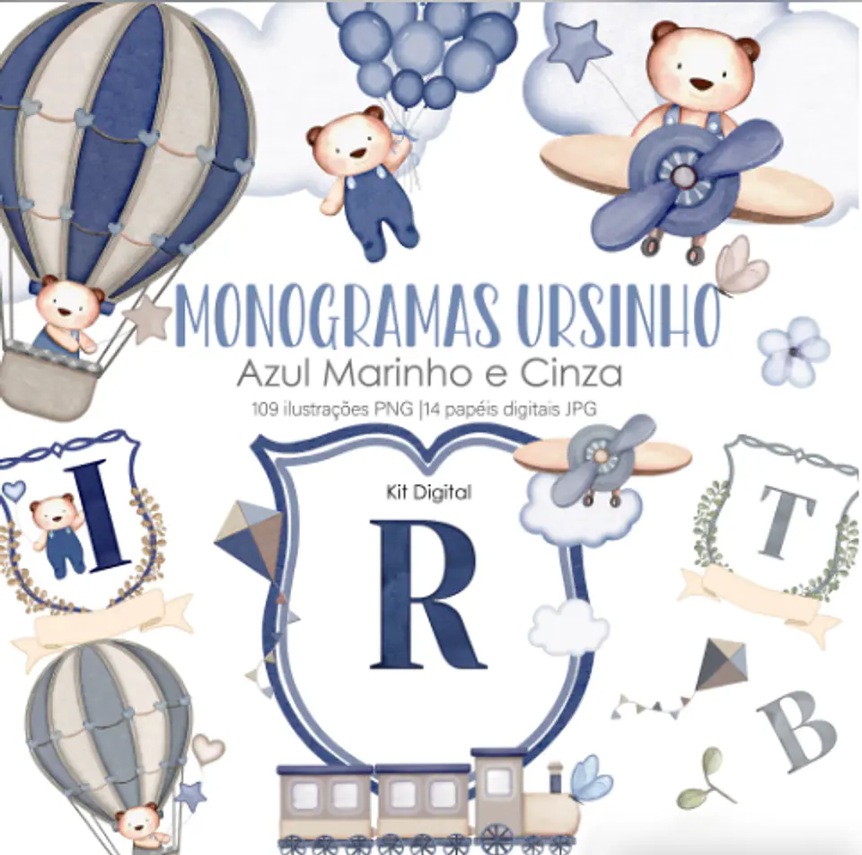 Monogramas Ursinho Azul Marinho e Cinza- Kit Digital  1