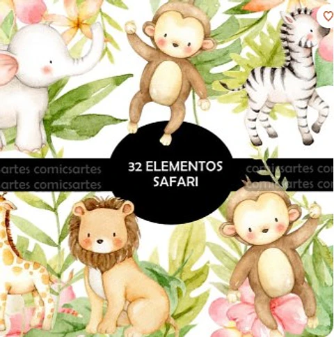  Safari Clipart 32 Elementos Digitais - Kit Digital 