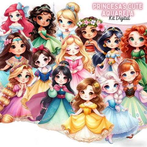 Princesas Cute Aquarela- Kit Digital  