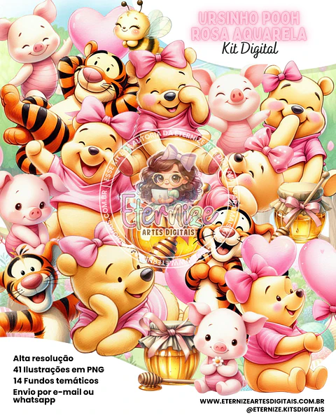 Ursinho Pooh Rosa Aquarela- Kit Digital  
