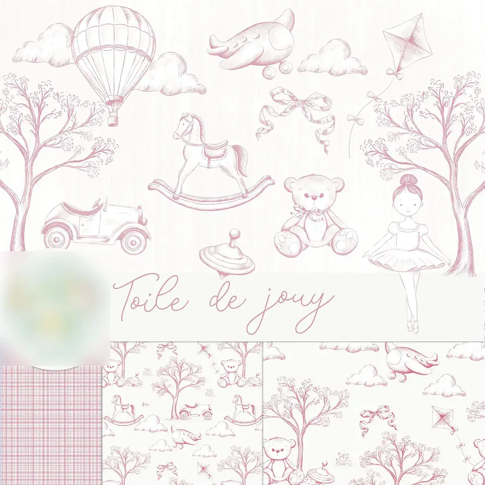 Toile de jouy – Brinquedos – Rosa- Kit Digital    1