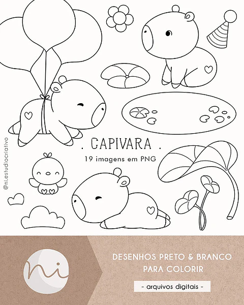 Capivara Para colorir- Kit Digital 