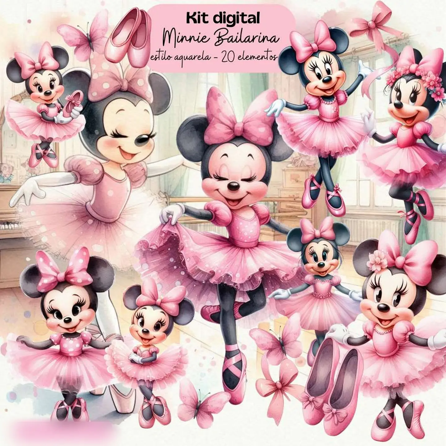 Minnie Bailarina Aquarela- Kit Digital    1