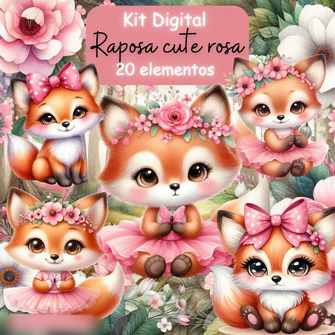Raposa Rosa Aquarela- Kit Digital   