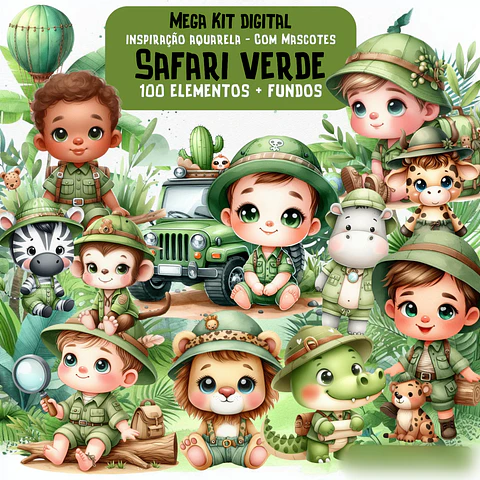 Safari Verde Aquarela- Kit Digital  