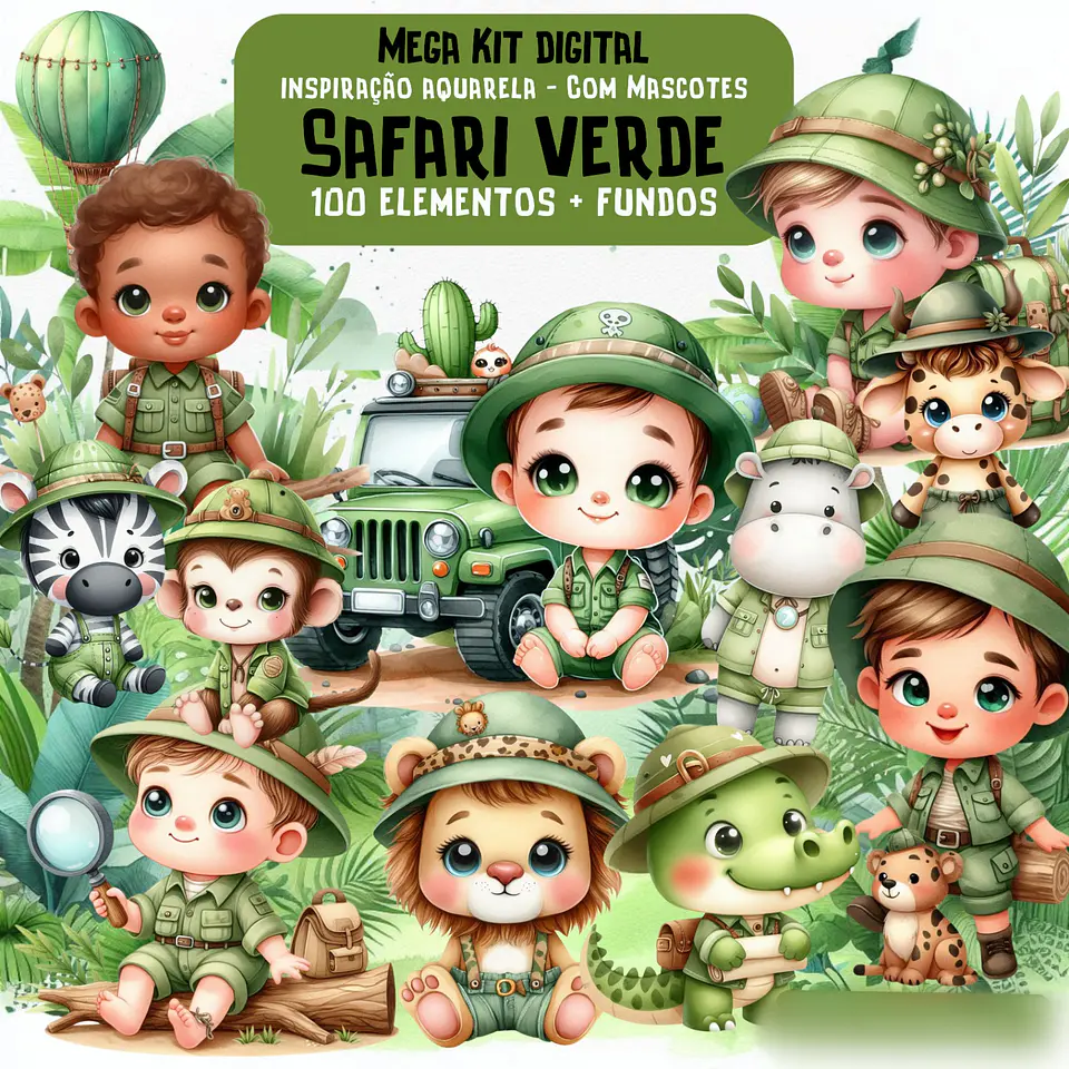 Safari Verde Aquarela- Kit Digital   1