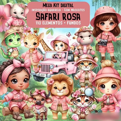  Safari Rosa com Mascotes- Kit Digital  
