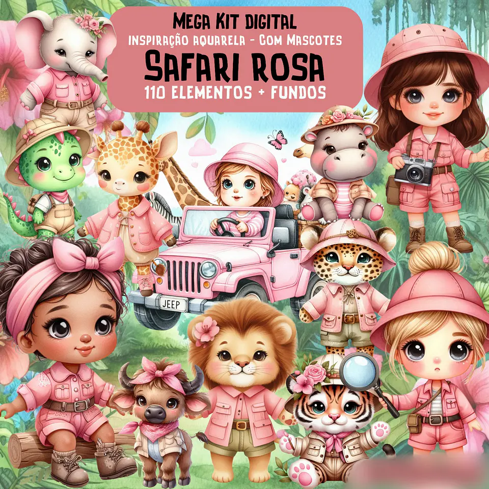  Safari Rosa com Mascotes- Kit Digital   1