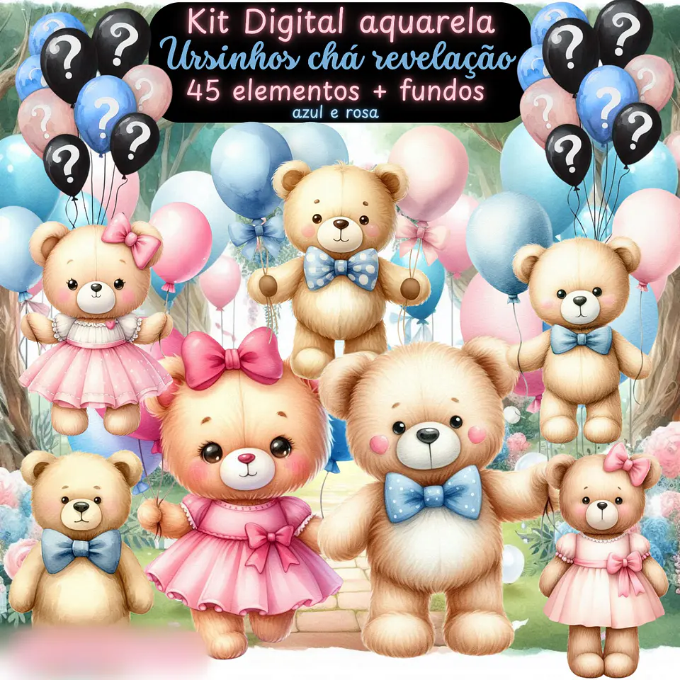  Chá Revelação Azul e Rosa- Kit Digital 1