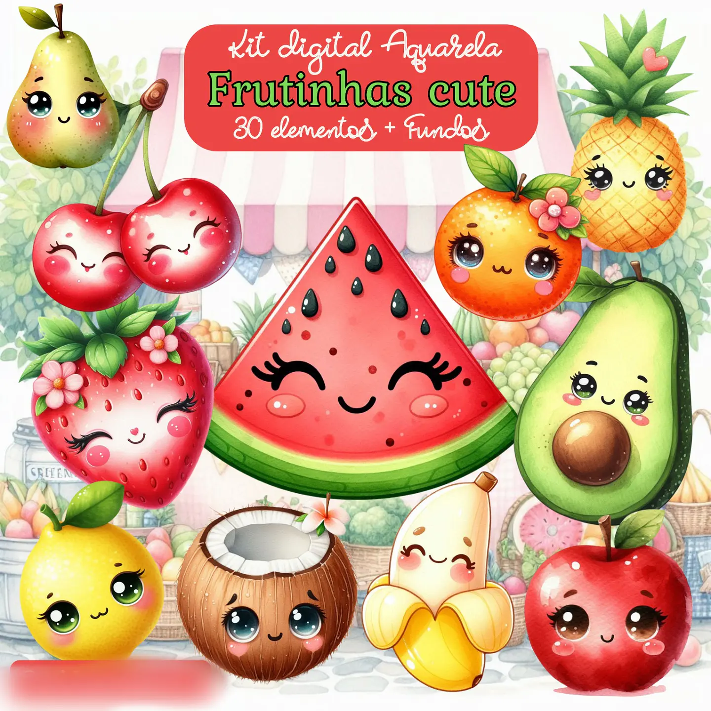 Frutinhas Cute Aquarela- Kit Digital   1