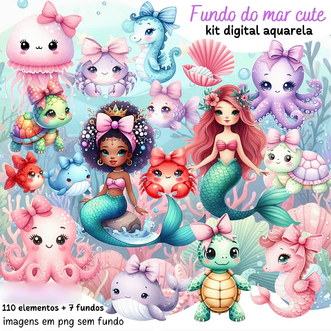  Fundo do mar cute aquarela- Kit Digital   