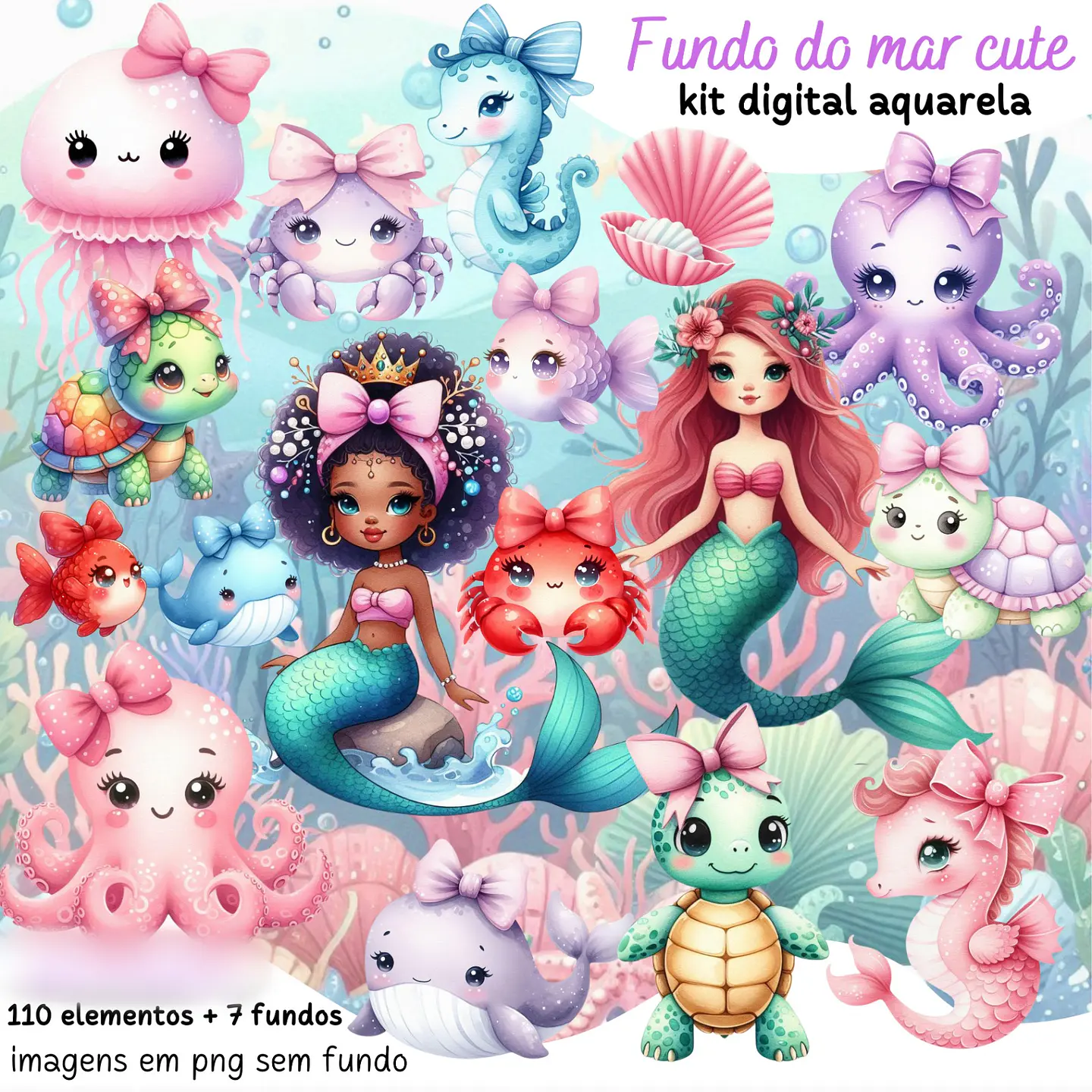  Fundo do mar cute aquarela- Kit Digital    1