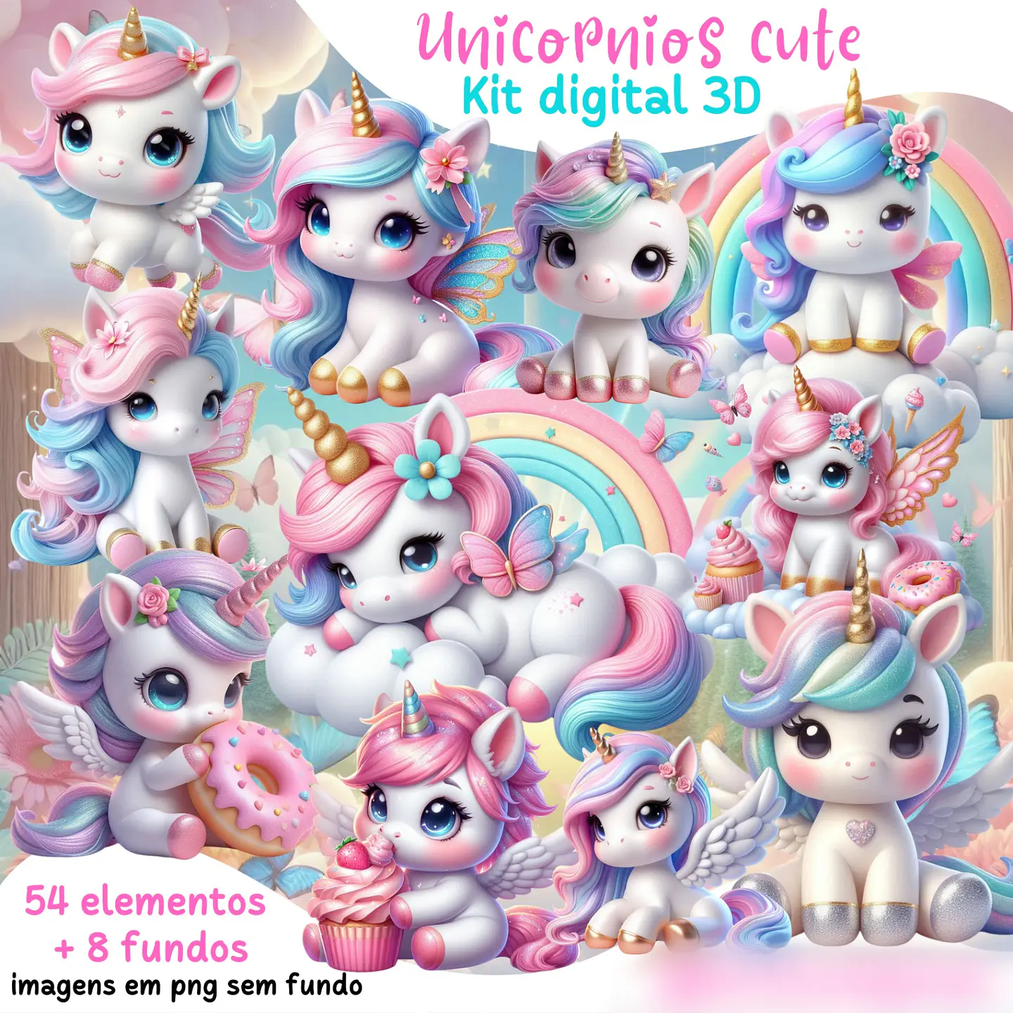  Unicórnio cute 3D- Kit Digital 1