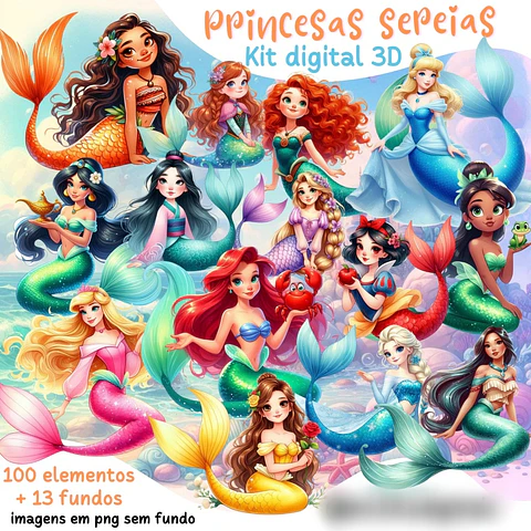 Princesas Sereias aquarela- Kit Digital 