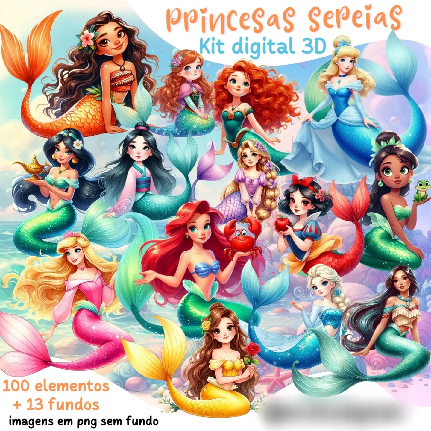 Princesas Sereias aquarela- Kit Digital  1