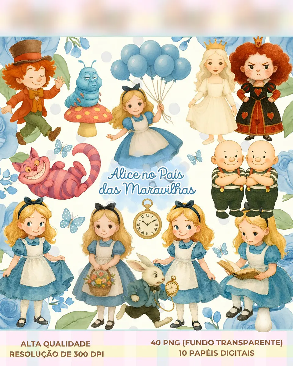 Alice no País das Maravilhas - Aquarela- Kit Digital   1