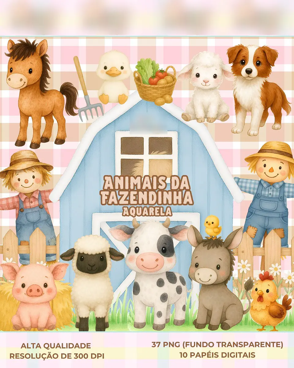 Animais da Fazendinha Aquarela- Kit Digital 1