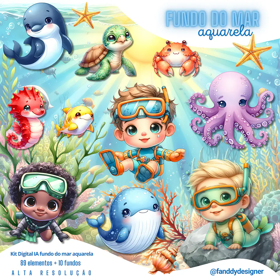 Fundo do Mar Aquarela Menino- Kit Digital  2