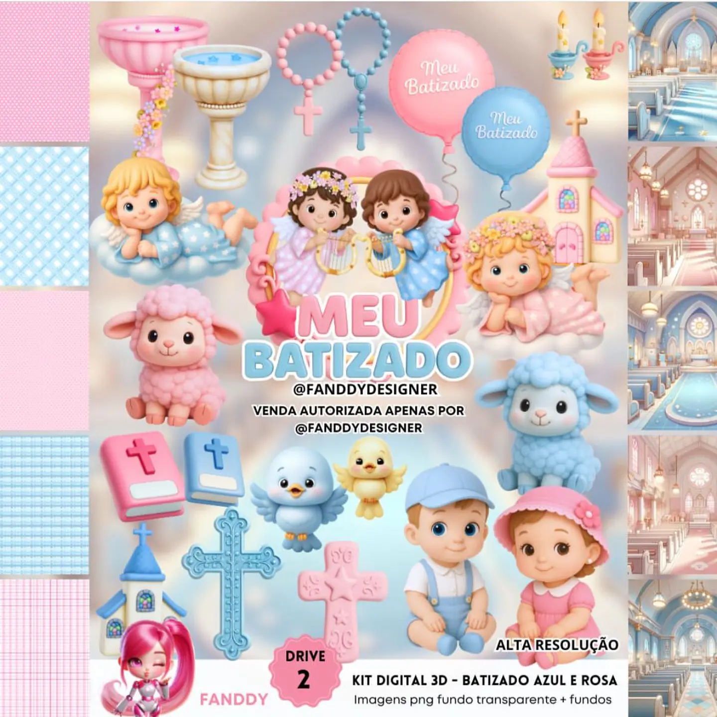 BATIZADO ROSA E AZUL 3D- Kit Digital  1