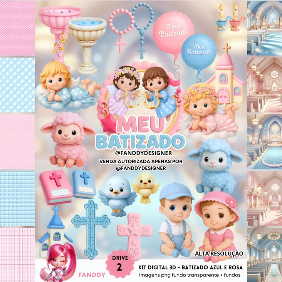 BATIZADO ROSA E AZUL 3D- Kit Digital  1