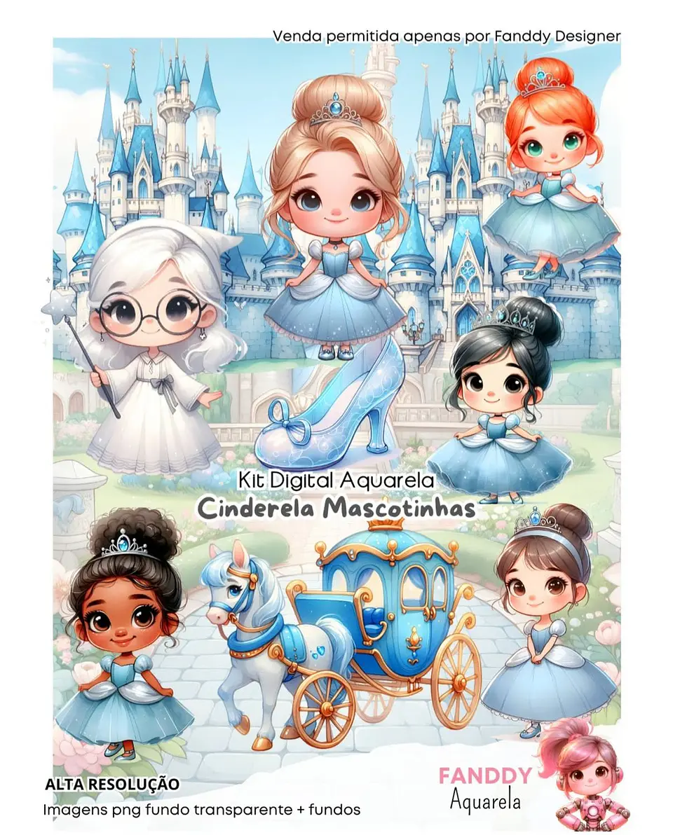 CINDERELA MASCOTINHAS AQUARELA- Kit Digital   1