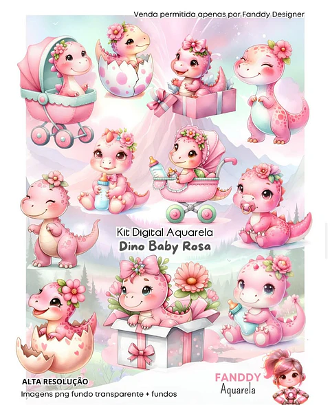 DINO BABY ROSA AQUARELA- Kit Digital  