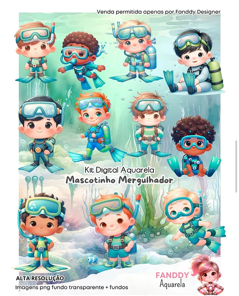 MERGULHADOR MASCOTINHO AQUARELA- Kit Digital   