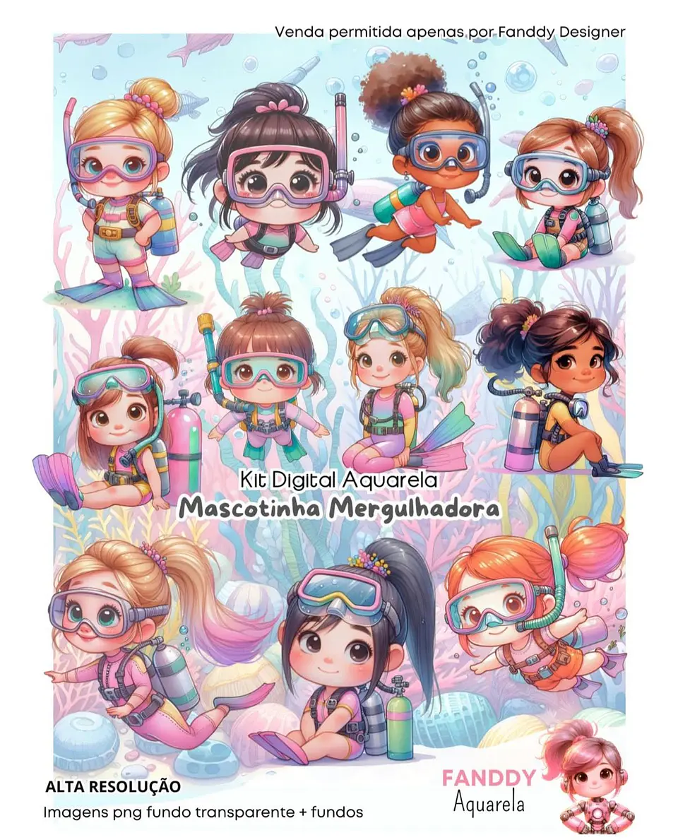 MERGULHADORA MASCOTINHAS AQUARELA- Kit Digital    1