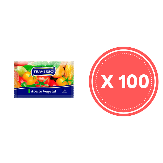 Aceite vegetal sachet 8 ML x 100 unidades, Traverso