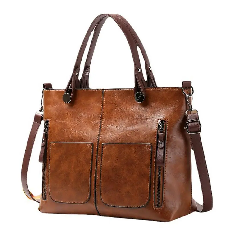 Large Capacity Shoulder Bag Leather Multi-Pocket Tote Bag Adjustable Shoulder Strap Crossbody Bag