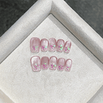 10pcs Hand Drawn Polka Dot Lines Press On Nails Short False Nails with 3D Charms Diamond Full Over Nails tips