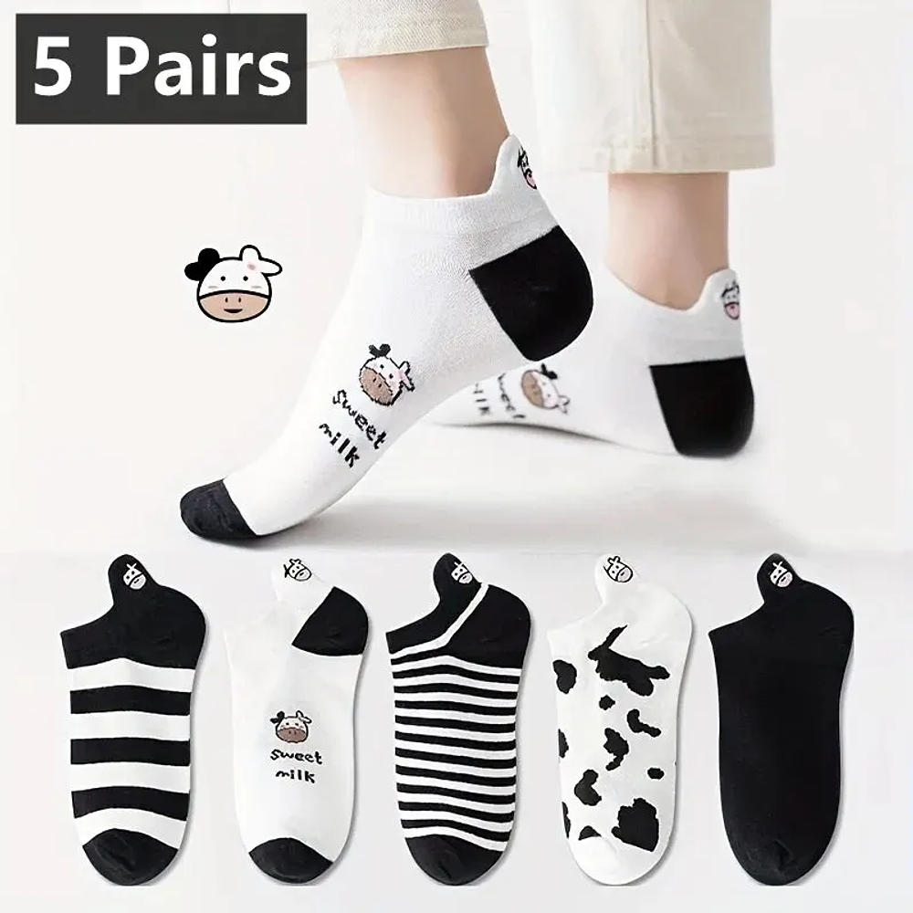 5 Pairs Womens Socks Cute Cow Pattern Short Socks Creative Printing Socks Ankle Sock