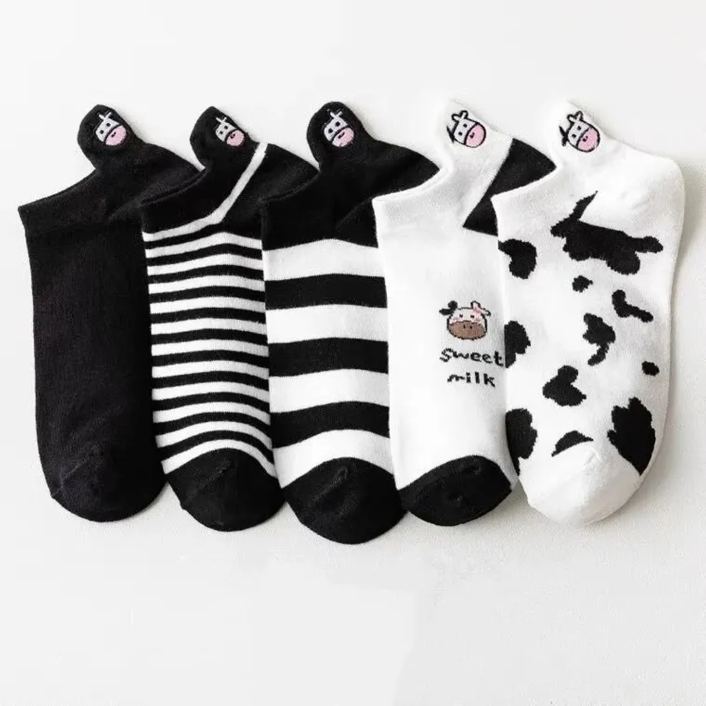 5 Pairs Womens Socks Cute Cow Pattern Short Socks Creative Printing Socks Ankle Sock