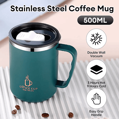 500ml Thermal Coffee Cup Double Wall Stainless Steel Heat Insulated Coffee Mug with Handle and Lid Travel Drinking Tumbler