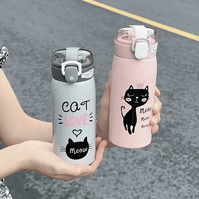 350ml/500ml Cartoon Cat Stainless Steel Vacuum Flask With Straw Portable Thermos Mug Travel Thermal Water Bottle Tumbler