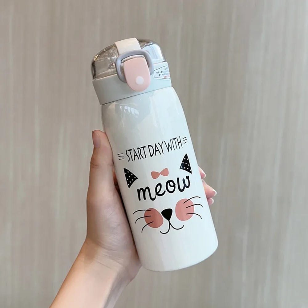 350ml/500ml Cartoon Cat Stainless Steel Vacuum Flask With Straw Portable Thermos Mug Travel Thermal Water Bottle Tumbler