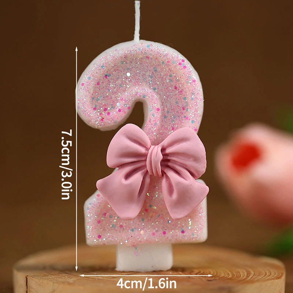 Pink Glitter Bow Candle Cake 0-9 Number Princess Happy Birthday Cupcake Topper Wedding Dessert Baking Supplies