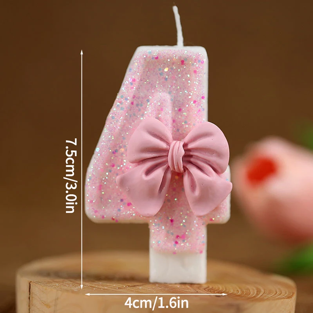 Pink Glitter Bow Candle Cake 0-9 Number Princess Happy Birthday Cupcake Topper Wedding Dessert Baking Supplies