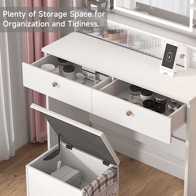 Vanity Desk with Mirror and Lights Dressers 2 Drawers Storage Bench White Makeup Table 3 Light Modes for Bedroom Dressing Room