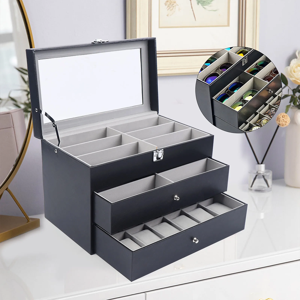 24 Grid Jewelry Collection Storage Holder Box Leather Watch Display Case Sunglasses Storage Holder