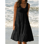 Womens Solid Party Beach Sleeveless Sundress Summer Holiday Pleated Loose Fit Lady Dresses Female Knee-Length Swing Dress