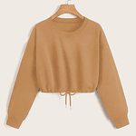 Women Long Sleeve Sweatshirt Fashion Solid Crop Top Soft Daily Loose Drawstring Hem Womens O-Neck Trendy Basic Pullovers