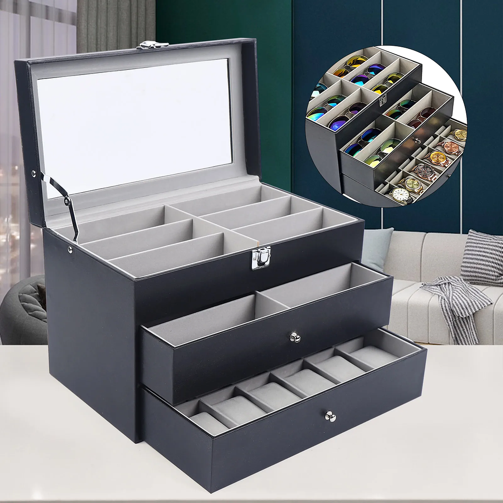 9/15/24 Grid Jewelry Box Jewelry Collection Storage Box Leather Watch Glasses Display Case Sunglasses Storage Holder