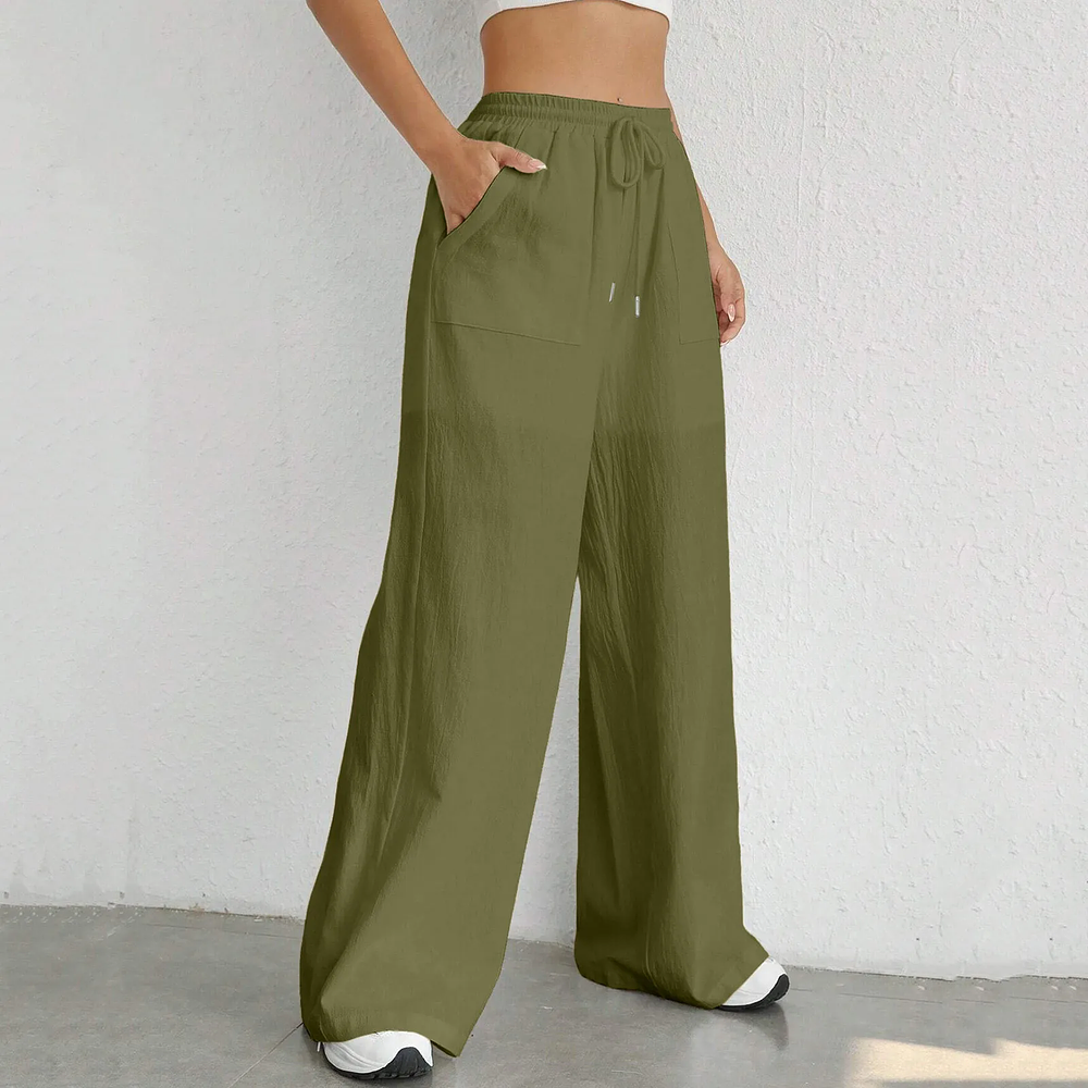 Womens Wide Leg Pants Drawstring Elastic Waist Loose Palazzo Pants Solid Casual Sweatpants Fashion Straight Leg Trousers