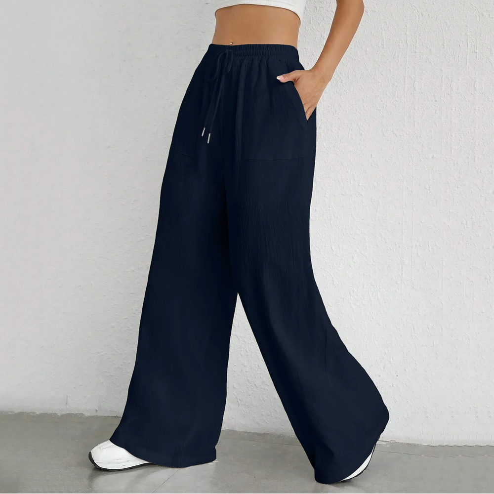 Womens Wide Leg Pants Drawstring Elastic Waist Loose Palazzo Pants Solid Casual Sweatpants Fashion Straight Leg Trousers