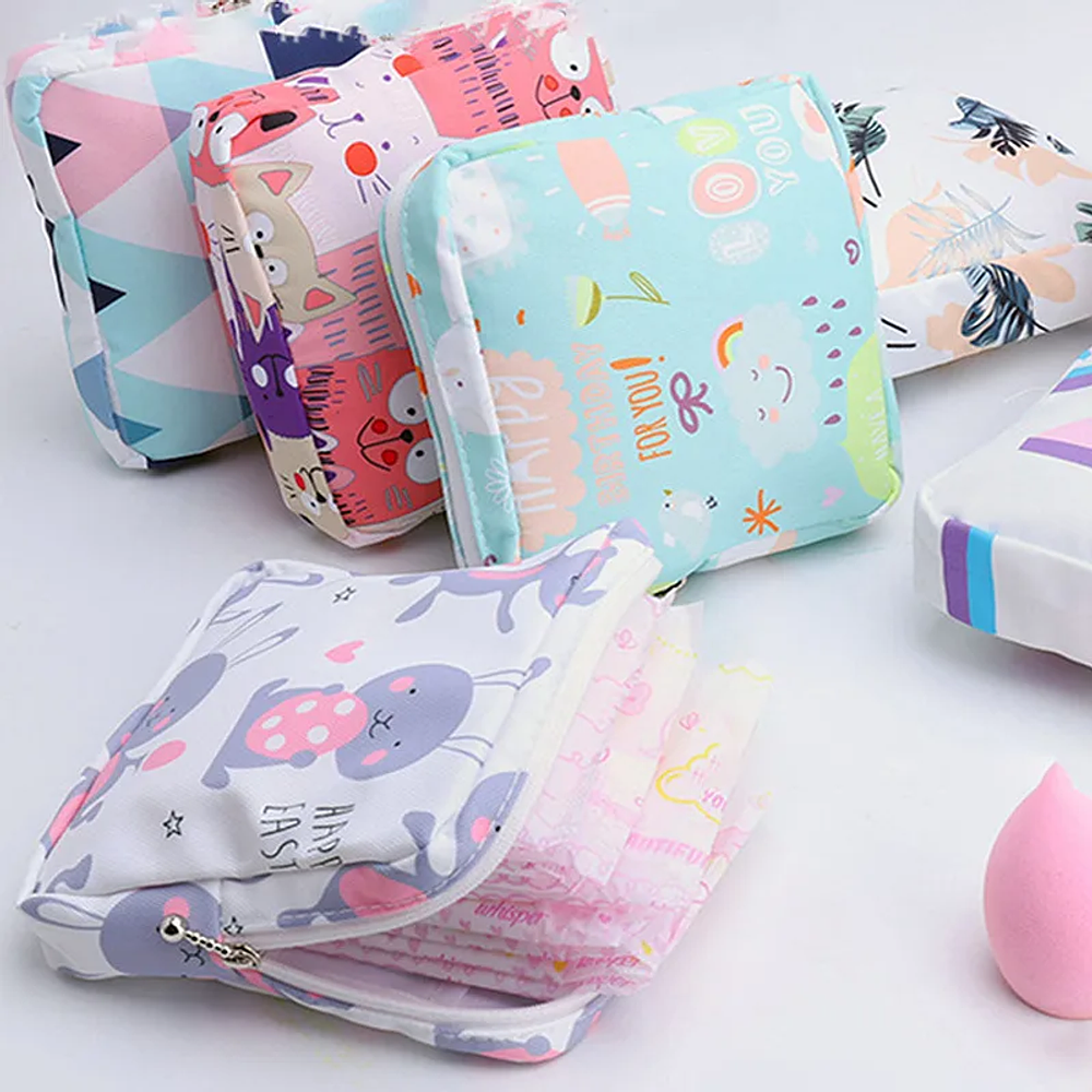 Women Portable Sanitary Napkin Tampon Storage Bag Cotton Travel Makeup Storage Bag Literary Zipper Coin Purse