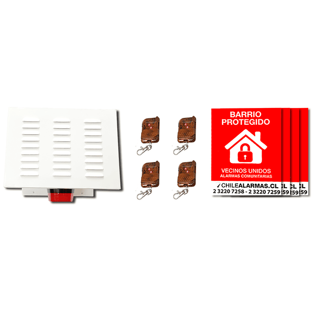 Kit Alarma comunitaria 2 tonos 20 Watts 118 DB + 4 controles + 4 carteles